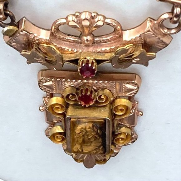 Antique Victorian Rose & Yellow Gold Filled Tiger Eye Cameo Mesh Necklace - Picture 11 of 14